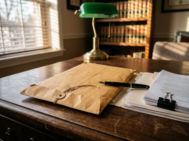 Manila envelope and contract folders with a pen on a law-office desk, ready for legal courier delivery