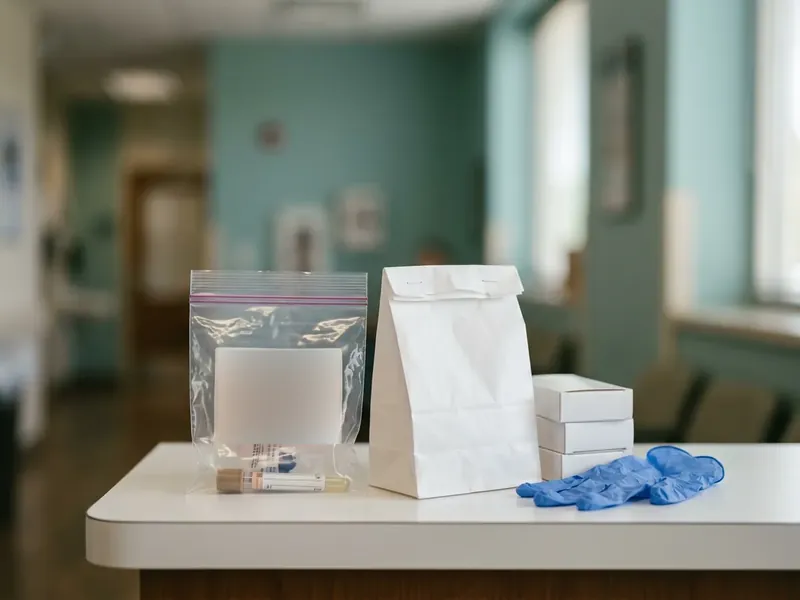 Sealed specimen bag, a pharmacy bag, medication boxes and gloves on a clinic counter, ready for medical courier pickup in Toronto